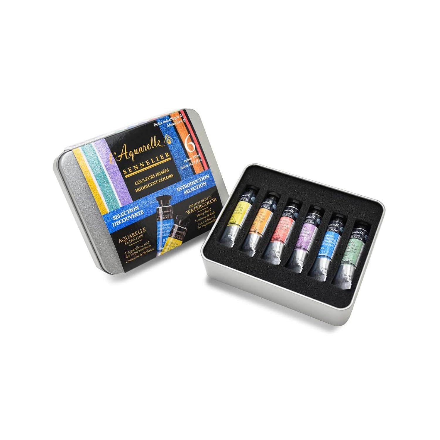 Sennelier French Artists' Watercolor Set, 10ml Tubes, 6-Color Iridescent Introduction Tin Set