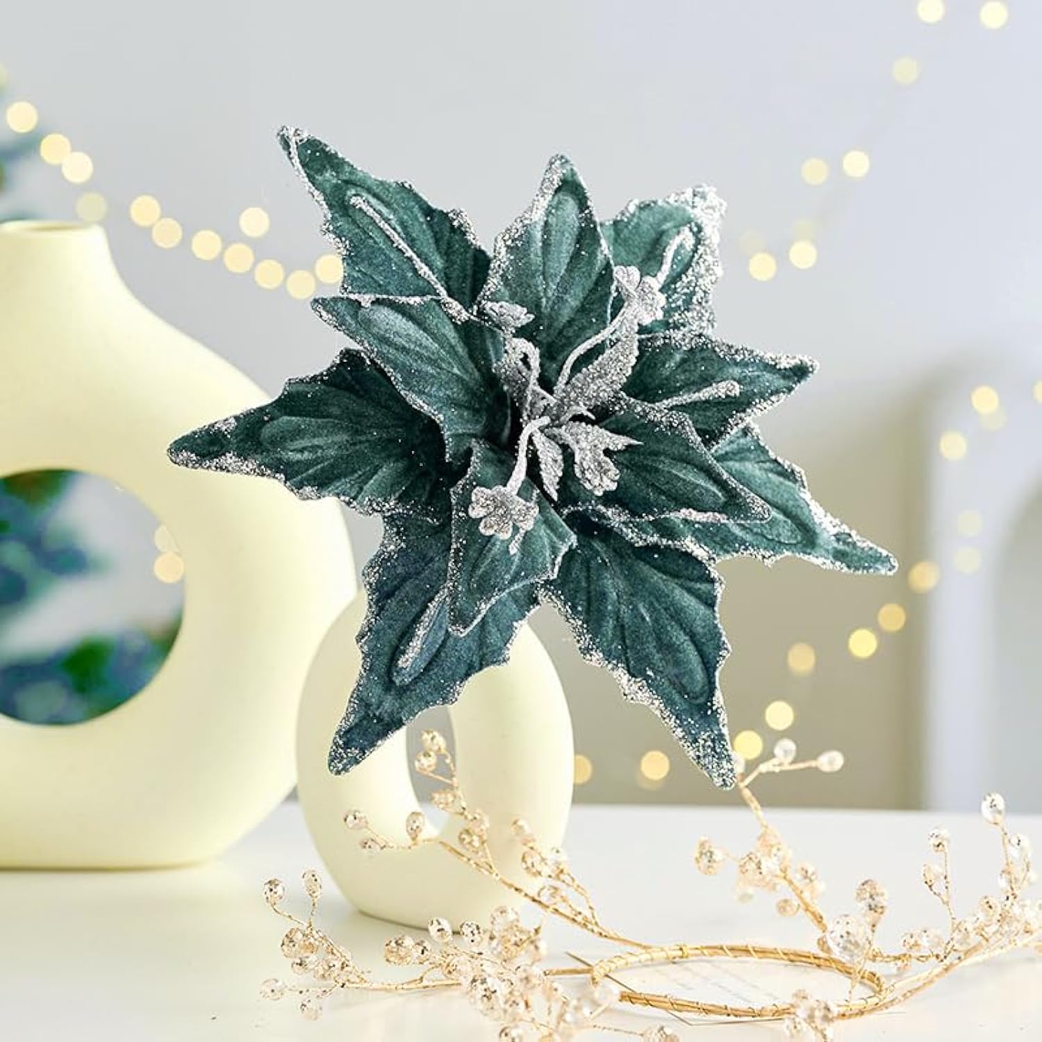 11.8’’ Large Glitter Christmas Flower 6 Pcs Artificial Velvet Poinsettia Flowers Ornaments Glitter Christmas Tree Flowers Big Xmas Tree Wreath New Year Decorations (Dark Green 11.8'')