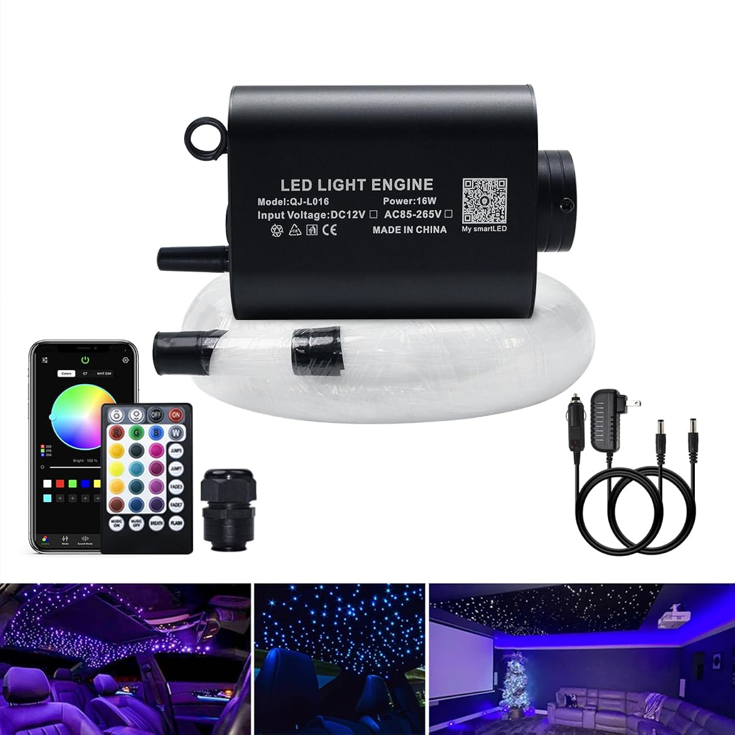 16W Starlights Headliner Kit Fiber Optic Star Lights Kit, Mixed Dia. 295Pcs(0.75+1+1.5Mm) 9.8Ft/3M Optical Fiber Strands App/Remote Control Music Activate Car Home Use Fiber Optical Lights Kit