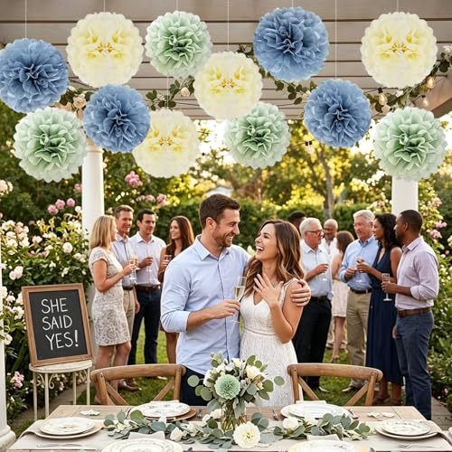 12 PCS Dusty Blue Sage Green Tissue Paper Pom Poms, Hanging Paper Flower Balls for Wedding, Baby Shower, Bridal Shower, Bachelorette, Birthday Party Decorations, Neutral Boho Theme Decor