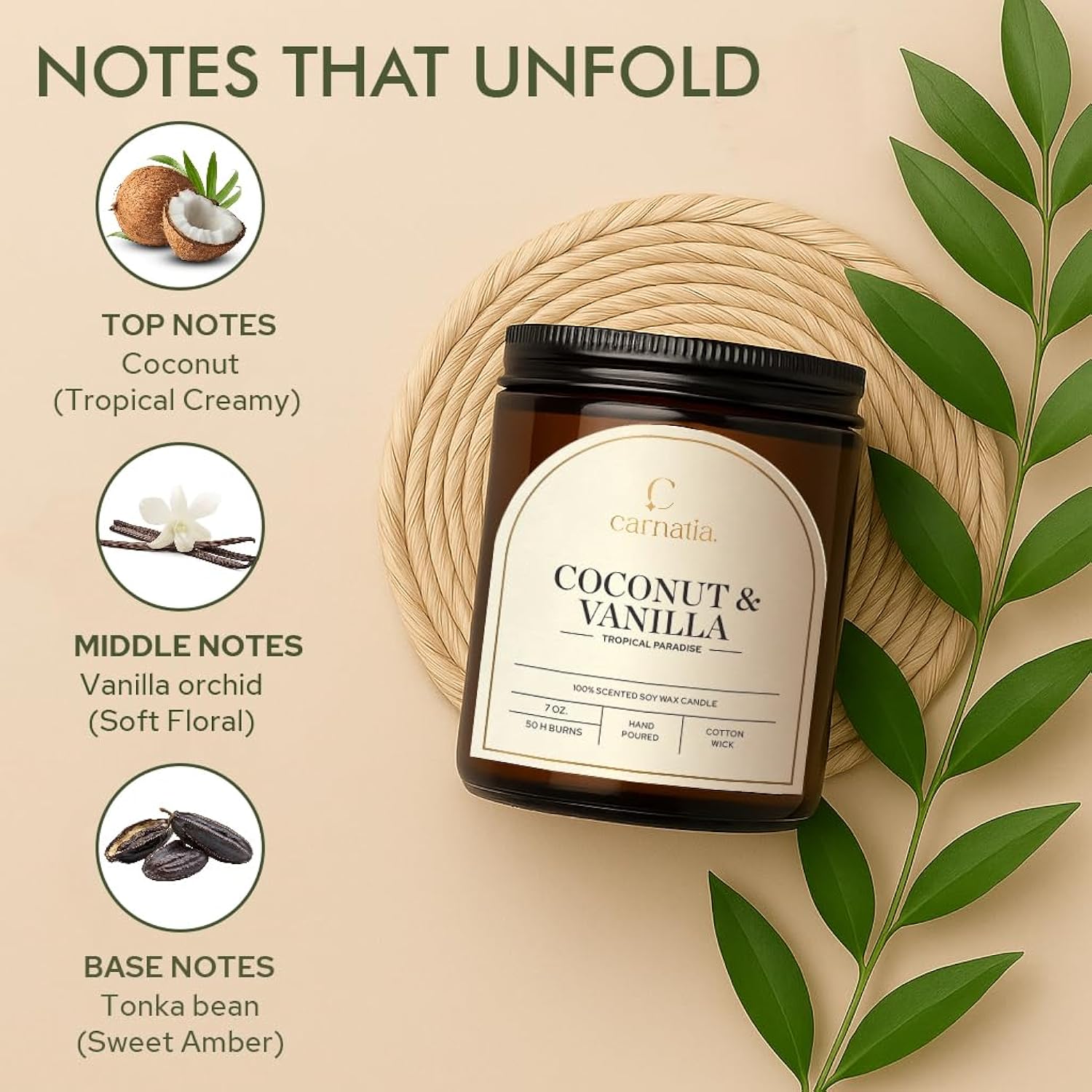 Coconut & Vanilla Scented Candle – 7 Oz | 100% Soy Wax With Cotton Wick | 50 Hour Burn | Aromatherapy Candle For Home, Stress Relief & Relaxation | Gift For Women & Men