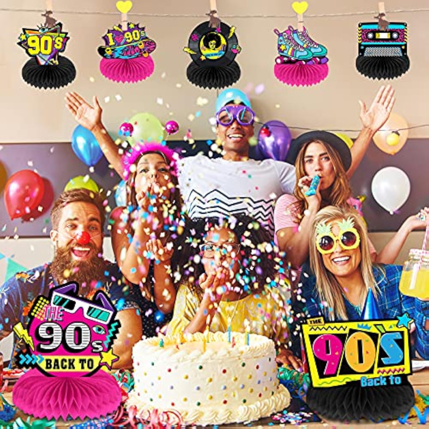 9 Pieces 90'S Retro Party Supplies Kit 90'S Retro Honeycomb Centerpiec