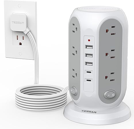 Tower Surge Protector Power Strip with 12 Outlets 5 USB Ports 2 USB C 10FT Extension Cord