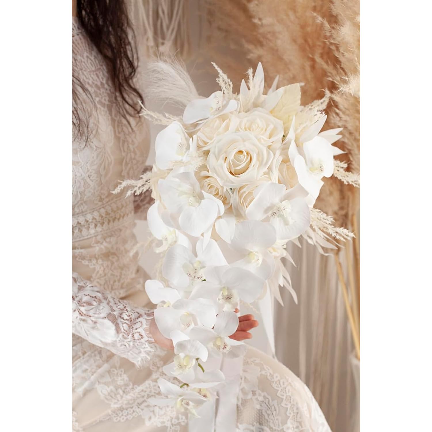 Bridal Bouquet Cascading, Nude & White Wedding Bouquets For Bride Bridesmaid 10" Artificial Flowers Bouquet For Wedding Decor