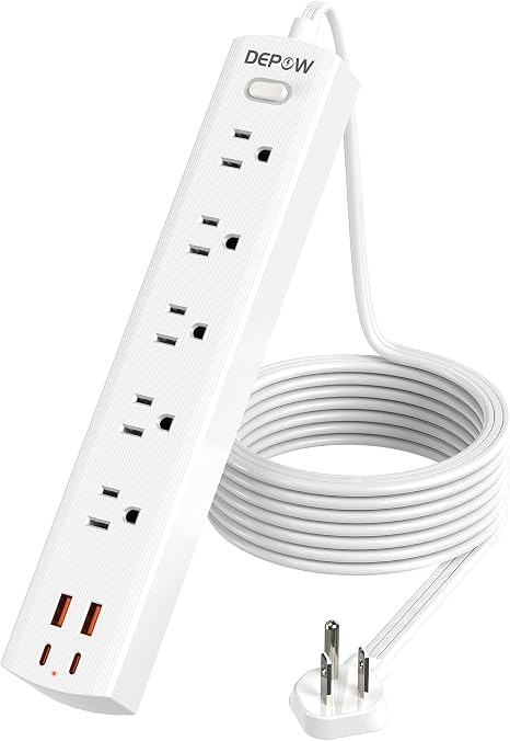 10FT Power Strip 5 Outlets 4 USB Ports 1700J Surge Protector Flat Plug White