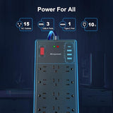 Black Surge Protector Power Strip with 10FT Cord 15 Widely Spaced Outlets and USB Ports