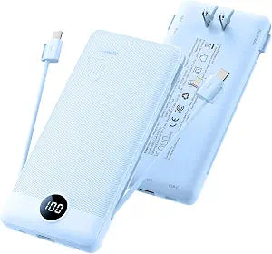 10000mAh Slim USB C Power Bank with Built In Cables Wall Plug and LED Display Blue