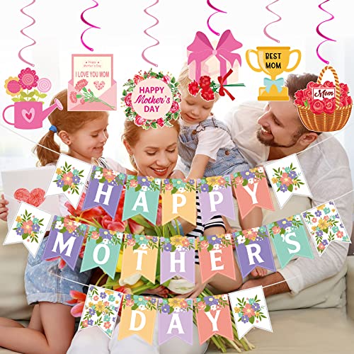 Happy Mothers Day Banner and Mothers Day Hanging Swirls Decorations Happy Mother's Day Sign Banner Decorations for Mother's Day Party Photo Props Backdrop