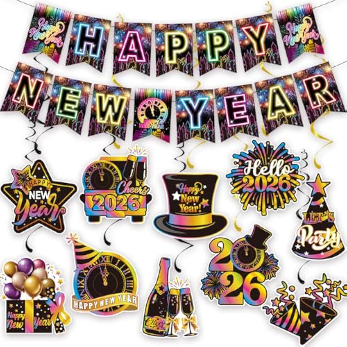 Colorful Neon New Year 2026 Banner with Hanging Swirl Streamers