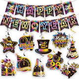 Colorful Neon New Year 2026 Banner with Hanging Swirl Streamers