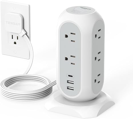 Tower Surge Protector Power Strip with 11 Outlets 3 USB Ports 1 USB C 6FT Flat Plug Extension Cord 1050J