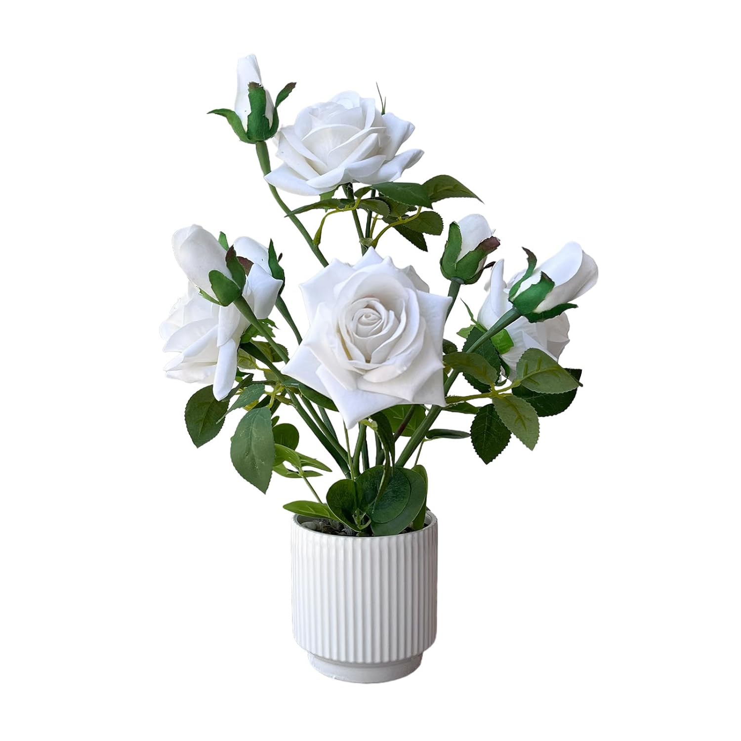 Artificial Rose Plant With Ceramic Vase,Home Decor Potted Floral Arrangement,Silk Roses Artificial Flowers (White)