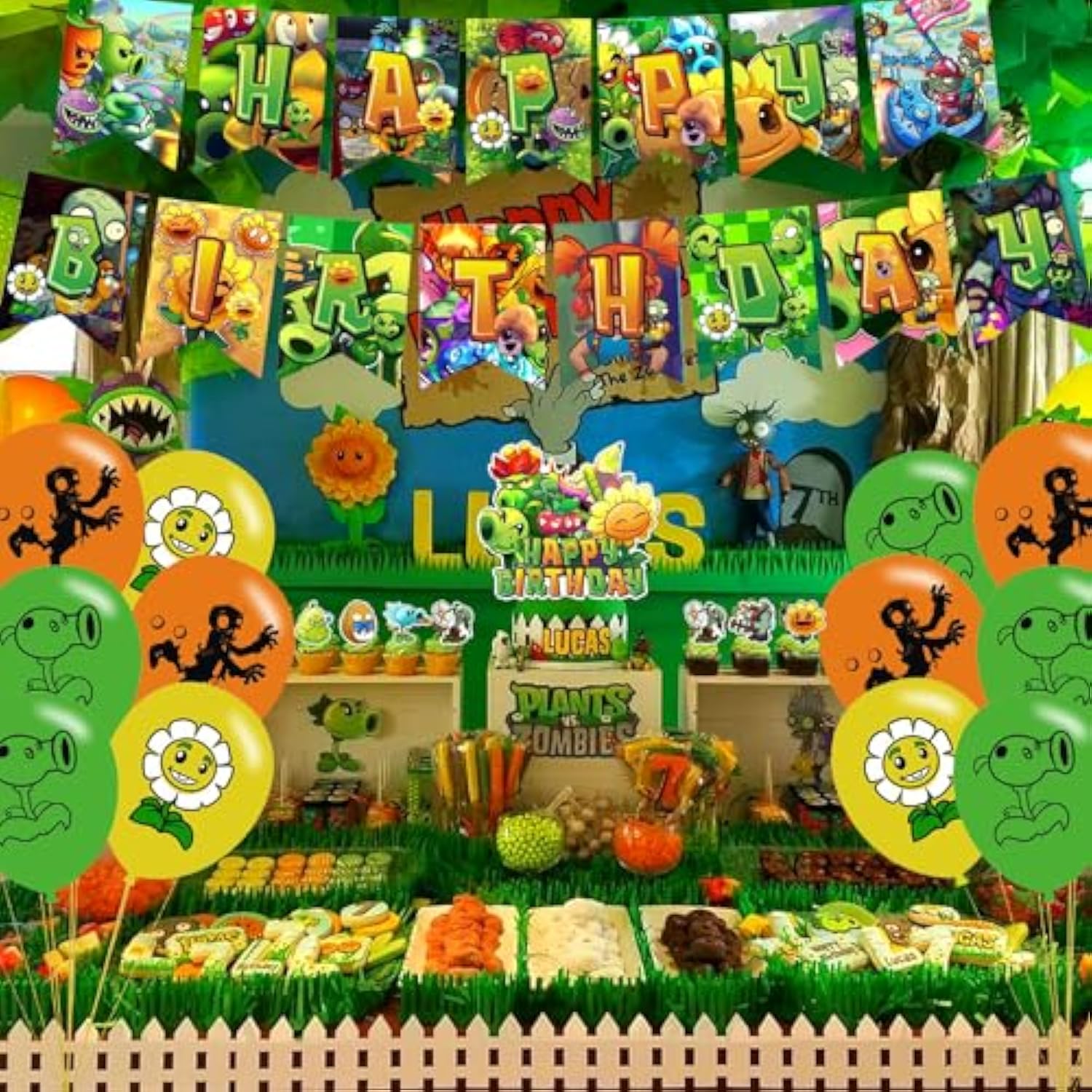 Plants Game Party Decorations,Players Pvz Birthday Party Supplies Includes Banner - Cake Topper - 24 Cupcake Toppers - 18 Balloons