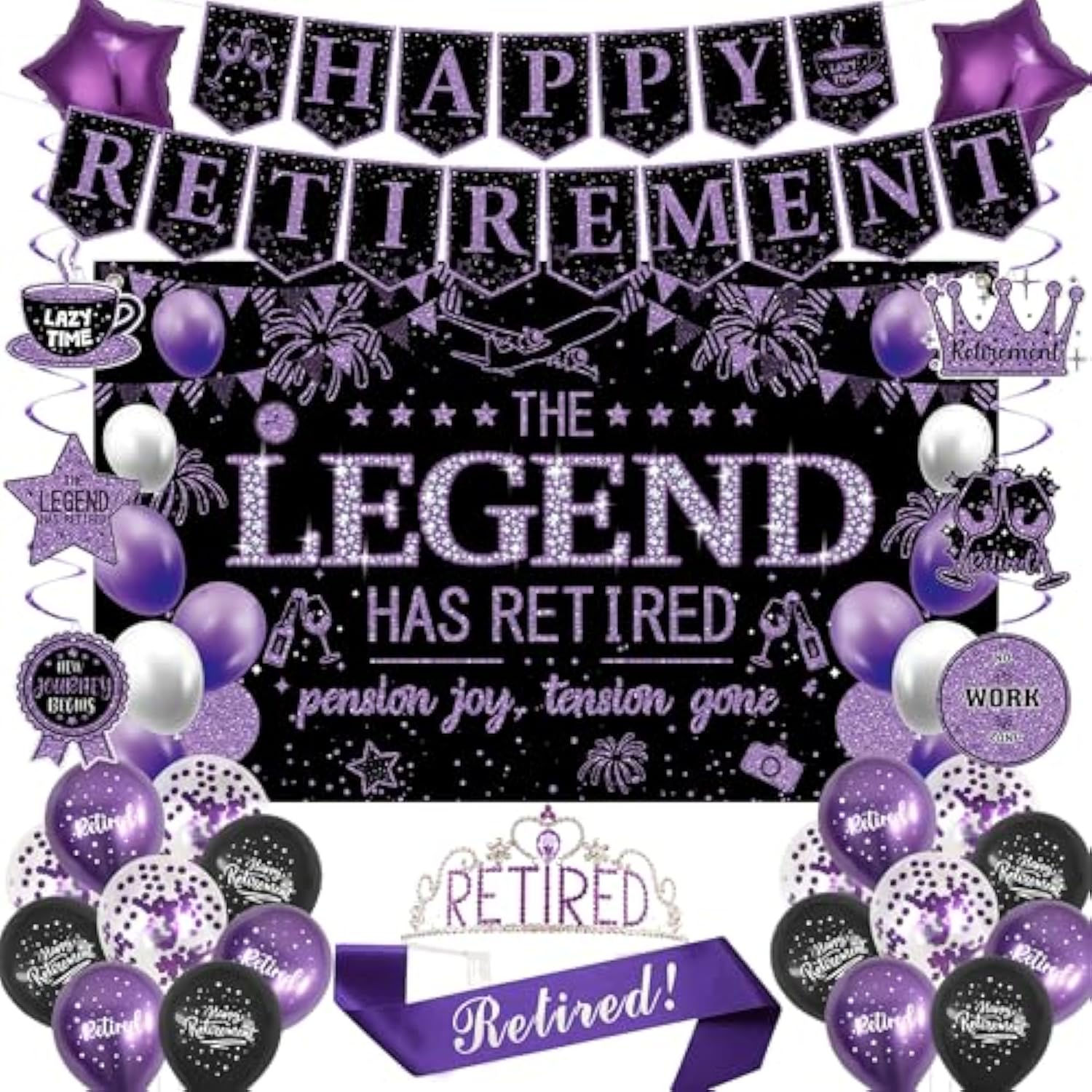 Retirement Party Decorations Women, Black And Purple Happy Retirement Banner Backdrop Balloons Hanging Swirls For Coworker, Lengend Has Retired Sash & Crown, Office Retired Background