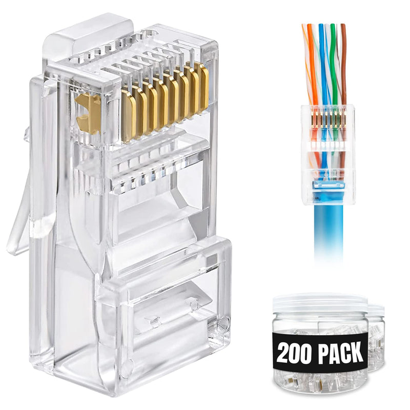 200-Pack Rj45 Pass Through Connector, Cat6, Gold Plated Ez Pass Cable Pass Thr