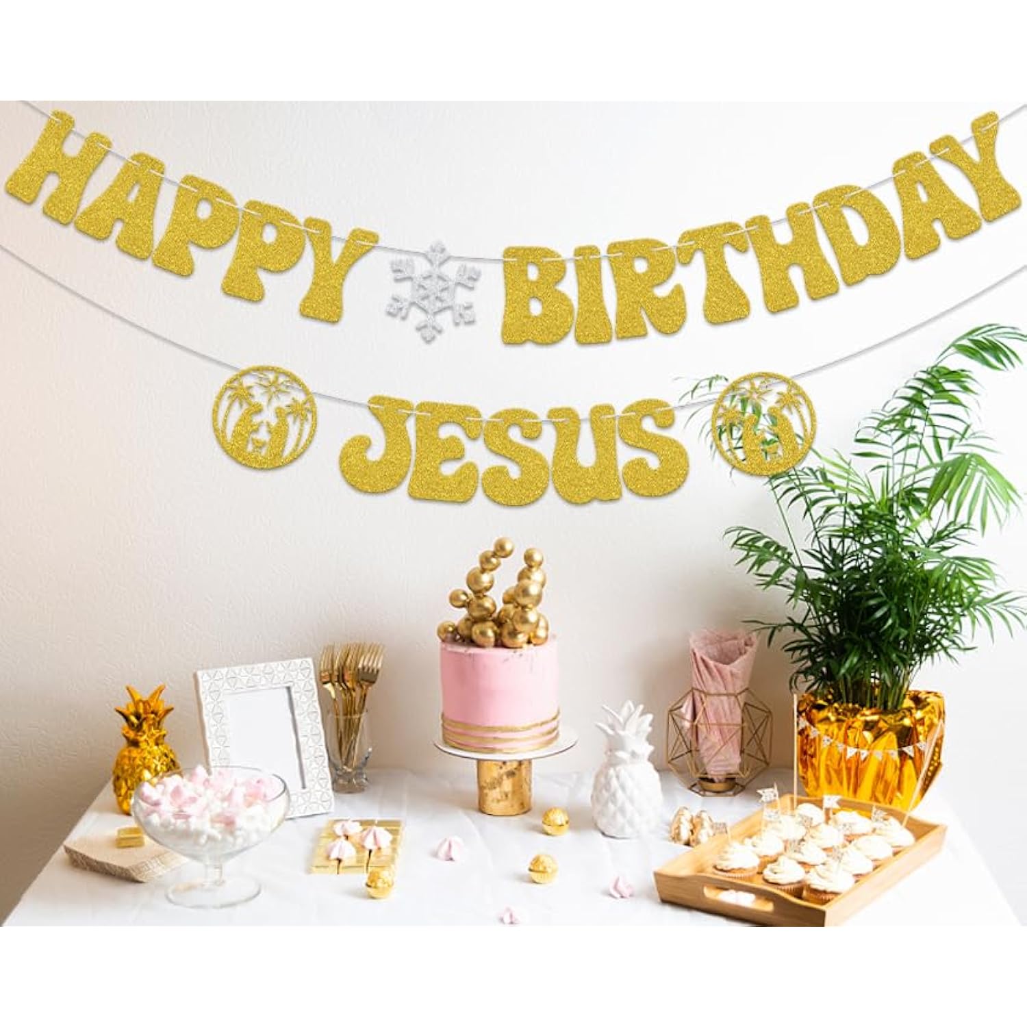 Happy Birthday Jesus Banner,Christmas Jesus Birthday Party Decorations,Merry Birthday Banner,Christmas New Year Holiday Party Decor Glitter Gold