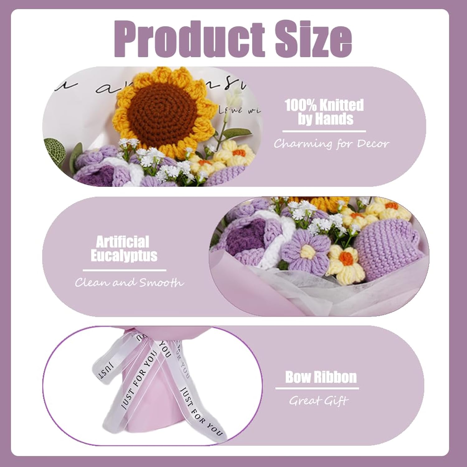 Crochet Flower Sunflower & Rose Bouquet Handmade Artificial Flower Knitted Bouquet For Festival Wedding Graduation Anniversary (Purple)