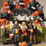 141Pcs Halloween Balloon Arch Kit - Black, Orange, Gold with BOO, Bats & Marble Balloons