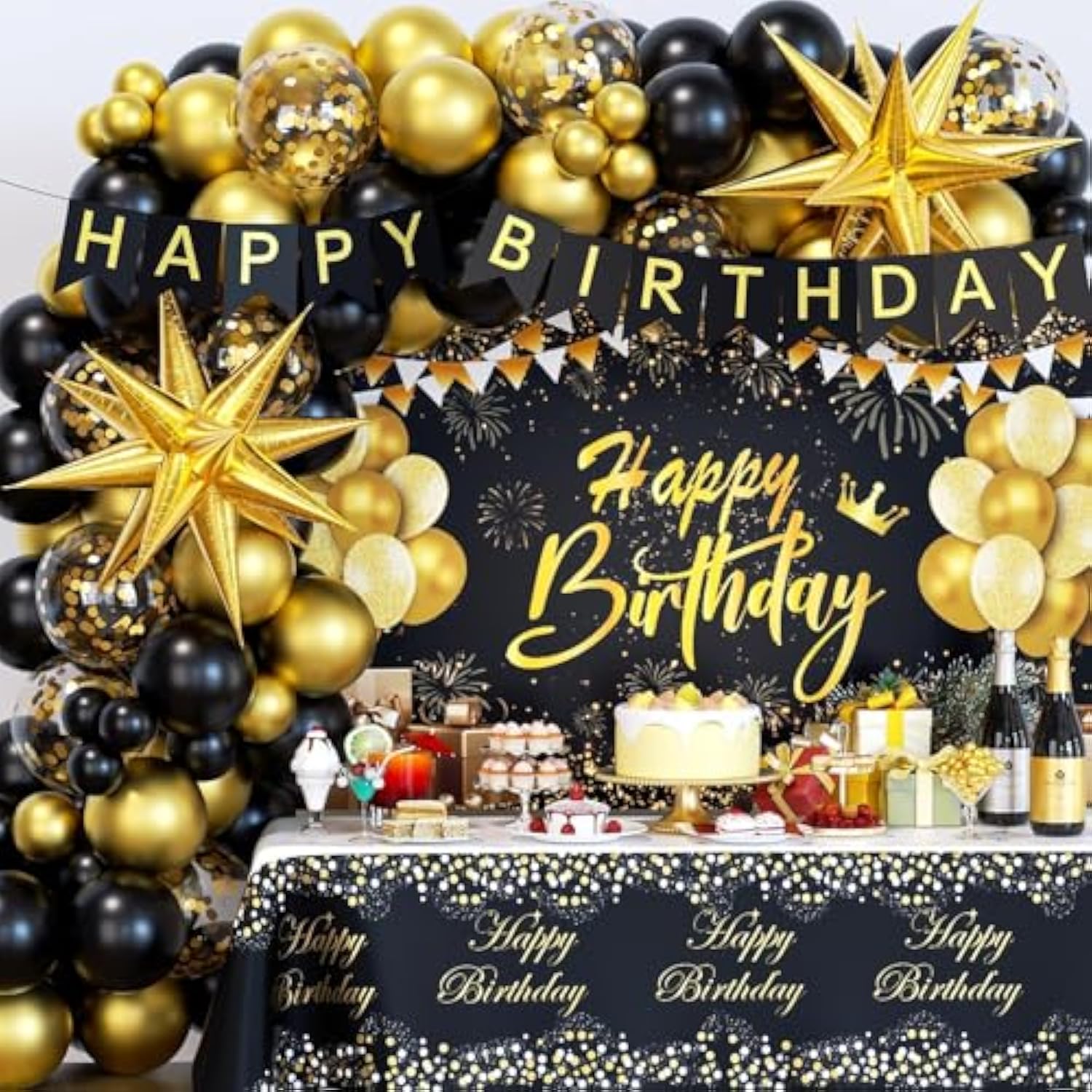 71pc Black & Gold Birthday Decor Kit with Backdrop, Banner, Balloons and Tablecloth