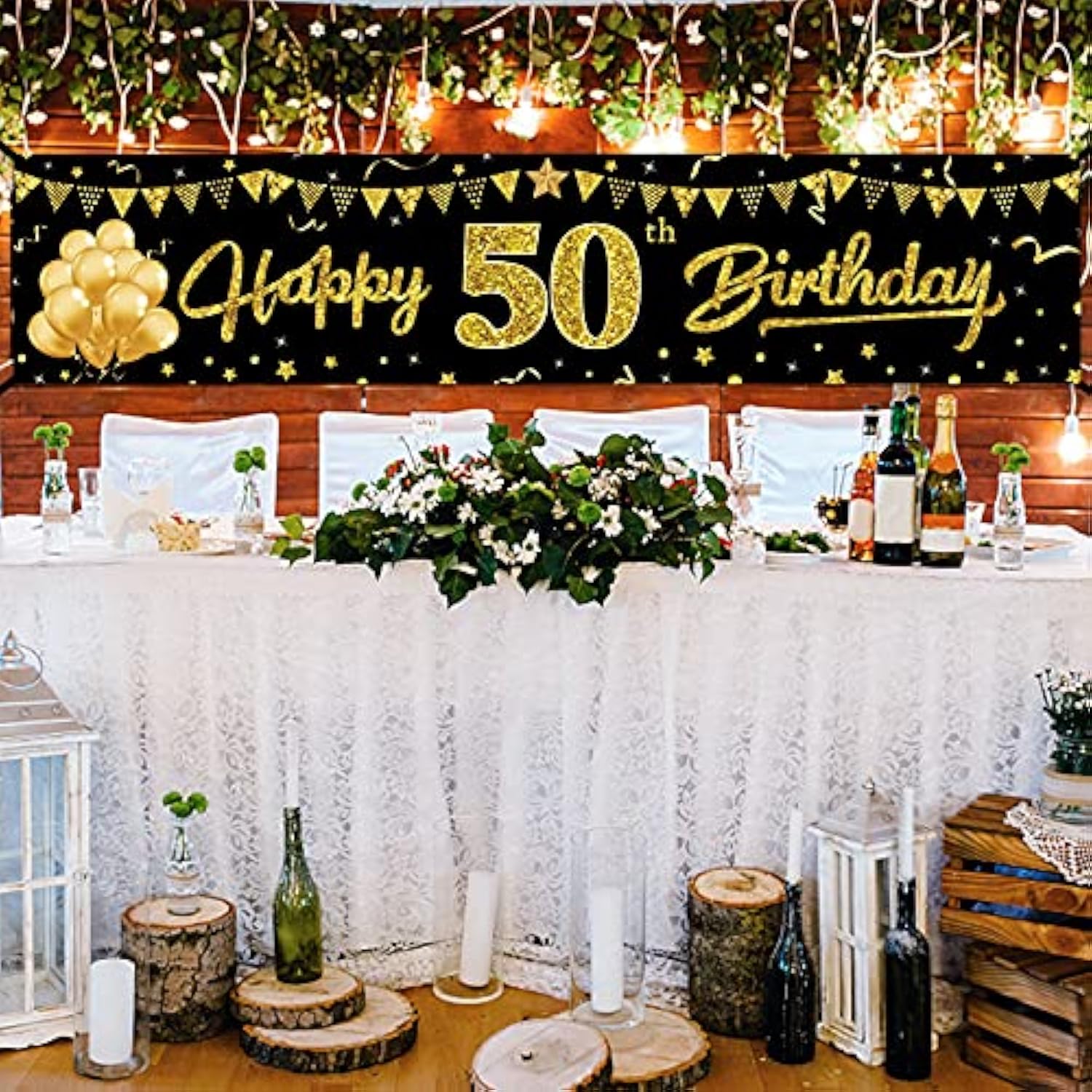 Happy 50Th Birthday Banner Decorations, Black Gold 50 Birthday Sign Party Supplies For Men Women, Fifty Birthday Decor Photo Booth Props For Outdoor Indoor