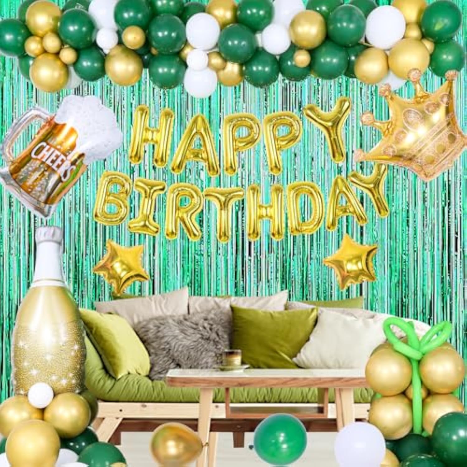 145pcs Green & Gold Birthday Decorations with Garland, Banner  Foil Balloons