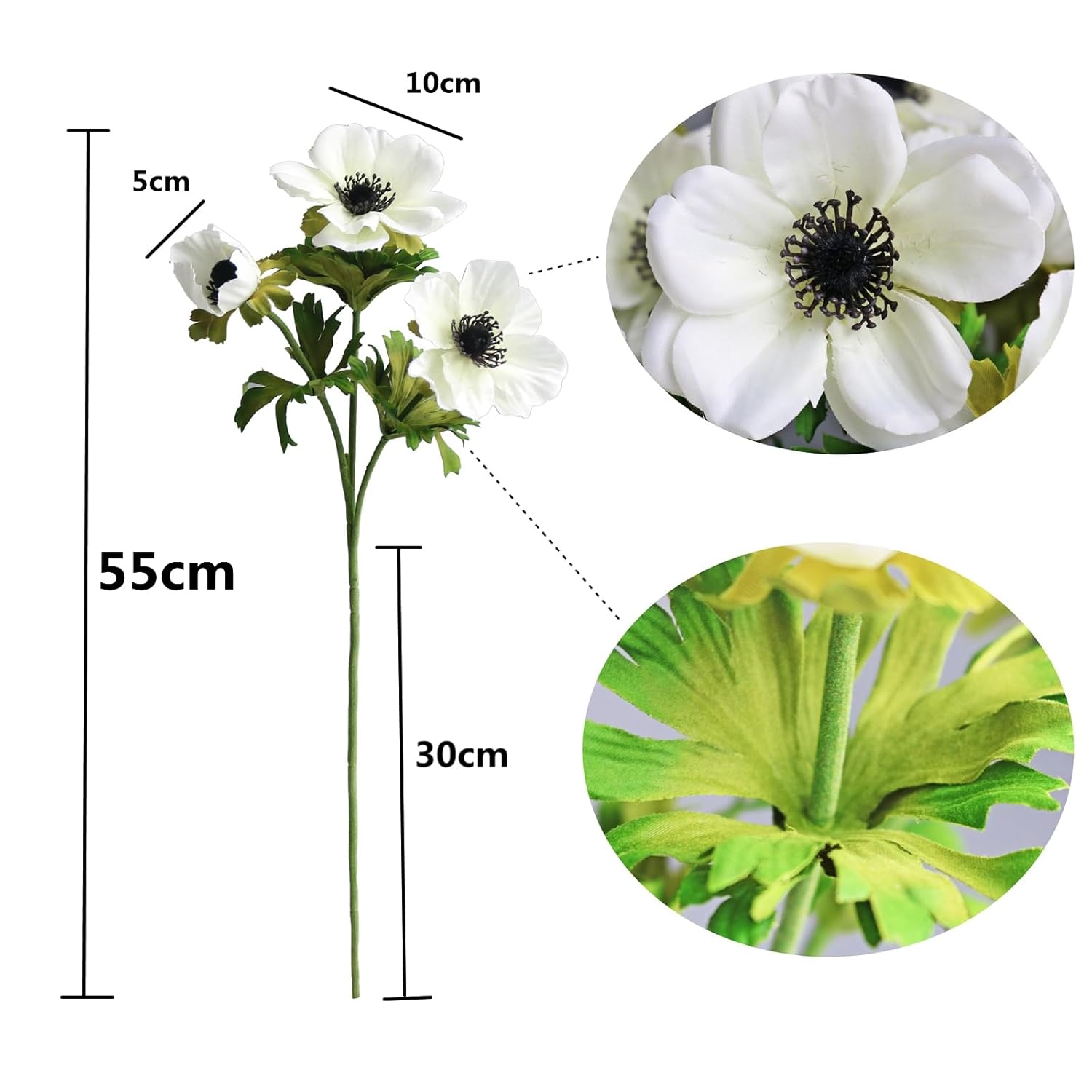5Pcs Artificial Anemone Full Blooming Flower Bushes With Green Foliage For Mother'S Day Or Decoration For Home, Restaurant, Office & Wedding (White)
