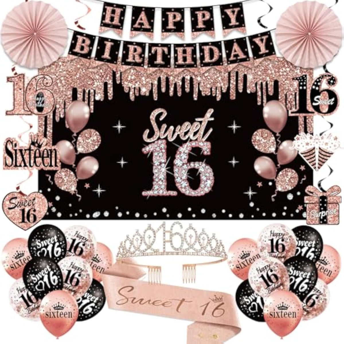 16Th Birthday Decorations For Girls, 33Pcs Sweet 16 Crown And Sash, Black Rose Gold Happy 16Th Birthday Banner Balloons Backdrop Hanging Swirls Paper Fans, Sixteen Party Decorations Kit