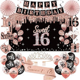 16Th Birthday Decorations For Girls, 33Pcs Sweet 16 Crown And Sash, Black Rose Gold Happy 16Th Birthday Banner Balloons Backdrop Hanging Swirls Paper Fans, Sixteen Party Decorations Kit