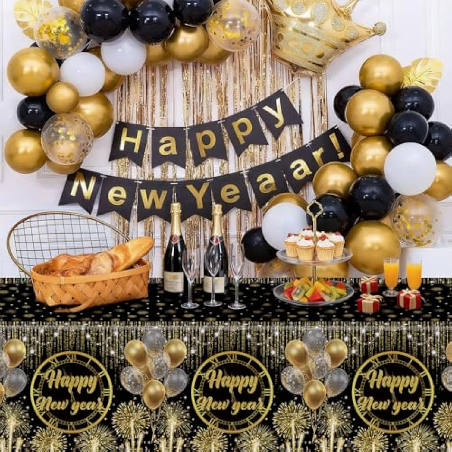 New Year Tablecloths, Happy New Year Plastic Tablecloth Set, Black And Gold Disposable New Year'S Table Cover Rectangle For 2026 New Years Eve Party Supplies Decorations, 108X54 Inch