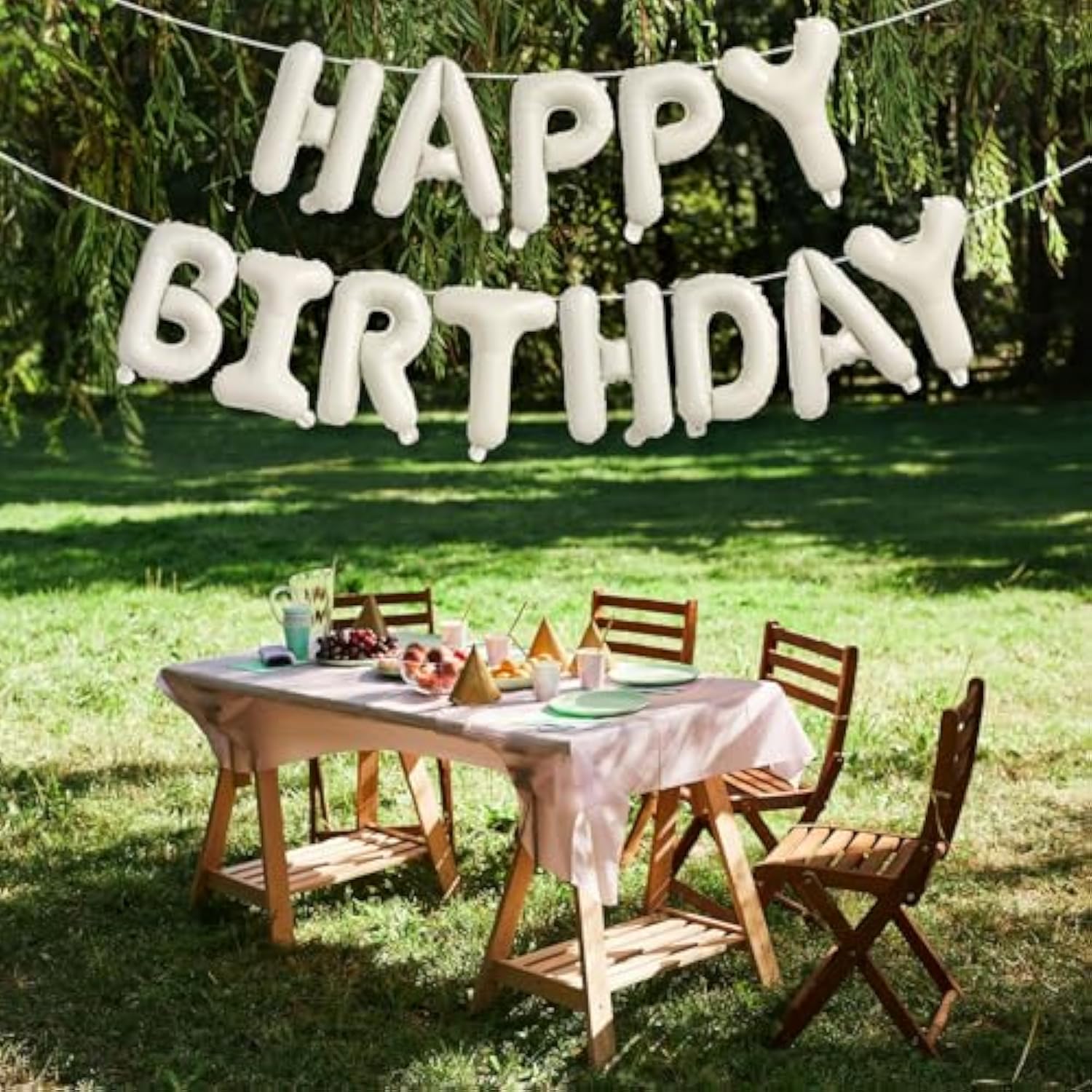 Cream Happy Birthday Balloon Banner, Beige Foil Letter Balloons for Party Decor