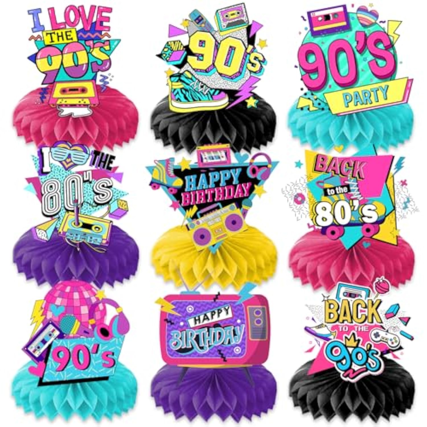 9Pcs 80S 90S Honeycomb Centerpieces Themed Birthday Party Decorations Retro Centerpiece Table Decoration Party Favors Decor Supplies Gifts For Boys Girls Men Women