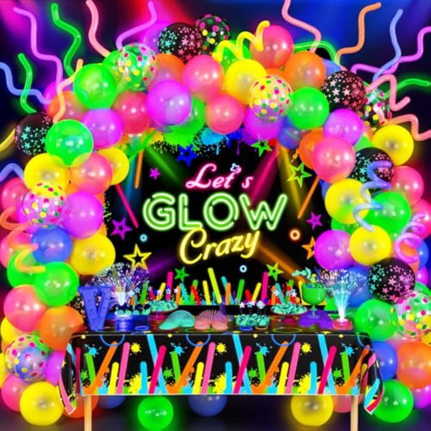 161Pcs Neon Party Decorations Glow In The Dark Birthday Supplies Neon Balloon Arch Kit & Backdrop Tablecloth Uv Blacklight Luminous Glow Balloons Kids Teen Adult Rainbow 80S 90S Disco Party Decor