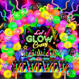161Pcs Neon Party Decorations Glow In The Dark Birthday Supplies Neon Balloon Arch Kit & Backdrop Tablecloth Uv Blacklight Luminous Glow Balloons Kids Teen Adult Rainbow 80S 90S Disco Party Decor