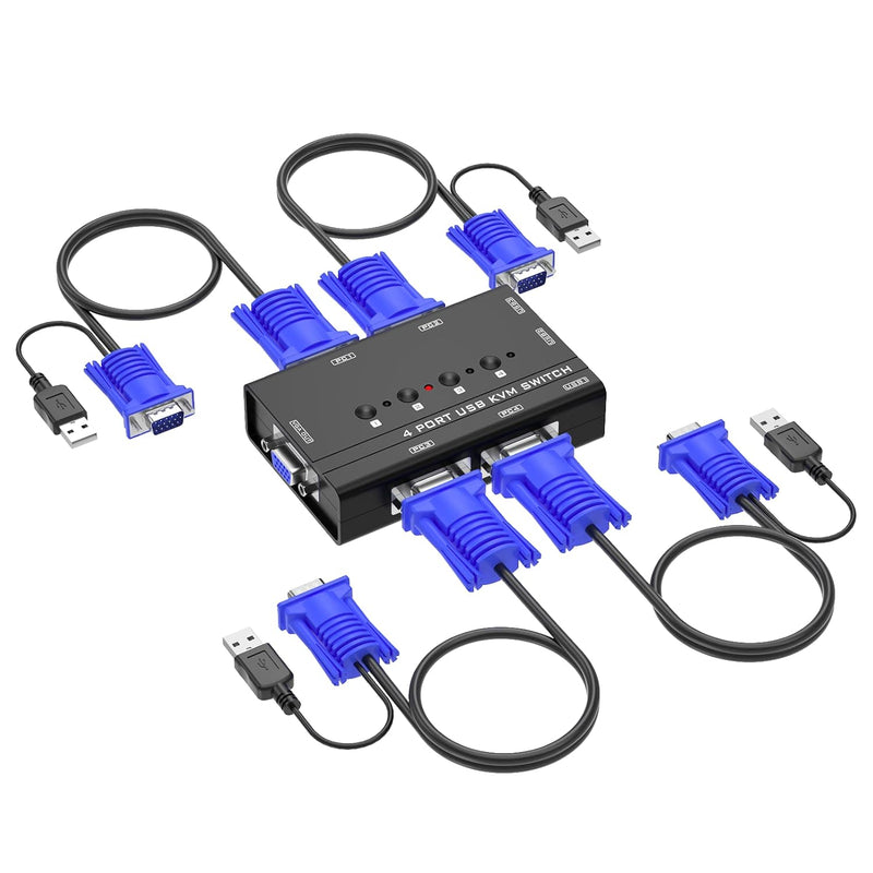 Vga Kvm Switch, 4 Port Usb Vga Kvm Switch W/4 Kvm Cables & 3 Usb Hubs For 4 Co