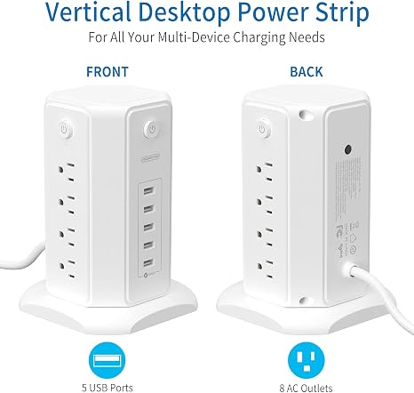Vertical Surge Protector Tower Power Strip 8 Outlets 5 USB 15FT Cord