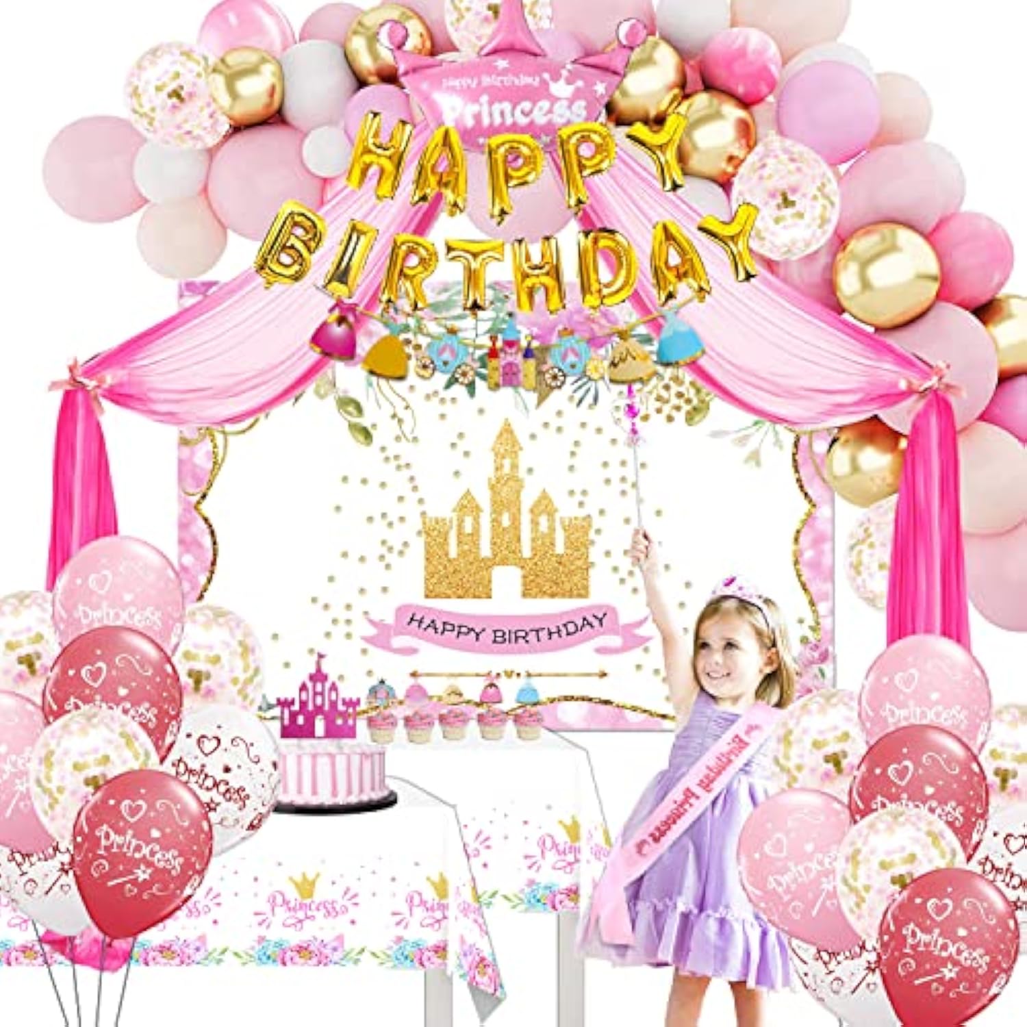 Princess Party Decorations - Princess Birthday Decorations Include Balloon Arch, Banner, Backdrop, Tablecloth, Tulle, Crown, Wand, Sash, Cake Topper, Girls Princess Birthday Party Supplies