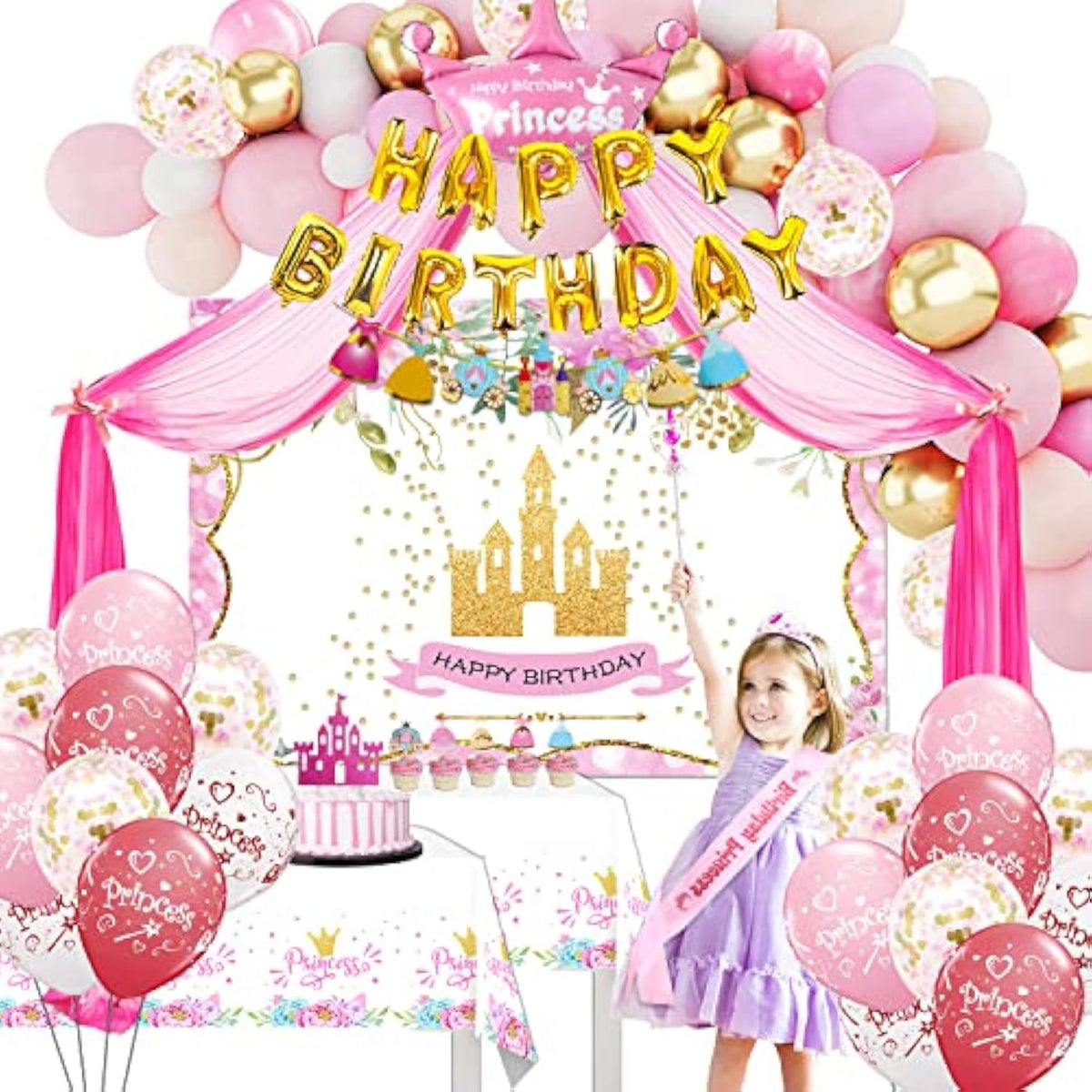 Princess Party Decorations - Princess Birthday Decorations Include Balloon Arch, Banner, Backdrop, Tablecloth, Tulle, Crown, Wand, Sash, Cake Topper, Girls Princess Birthday Party Supplies