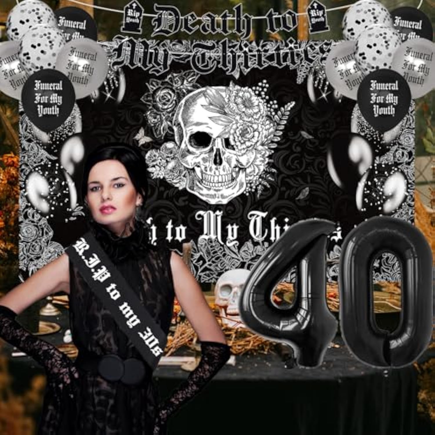 Death to My 30s Decor Backdrop Banner Swirls Sash Cake Topper Balloons for 40th Party