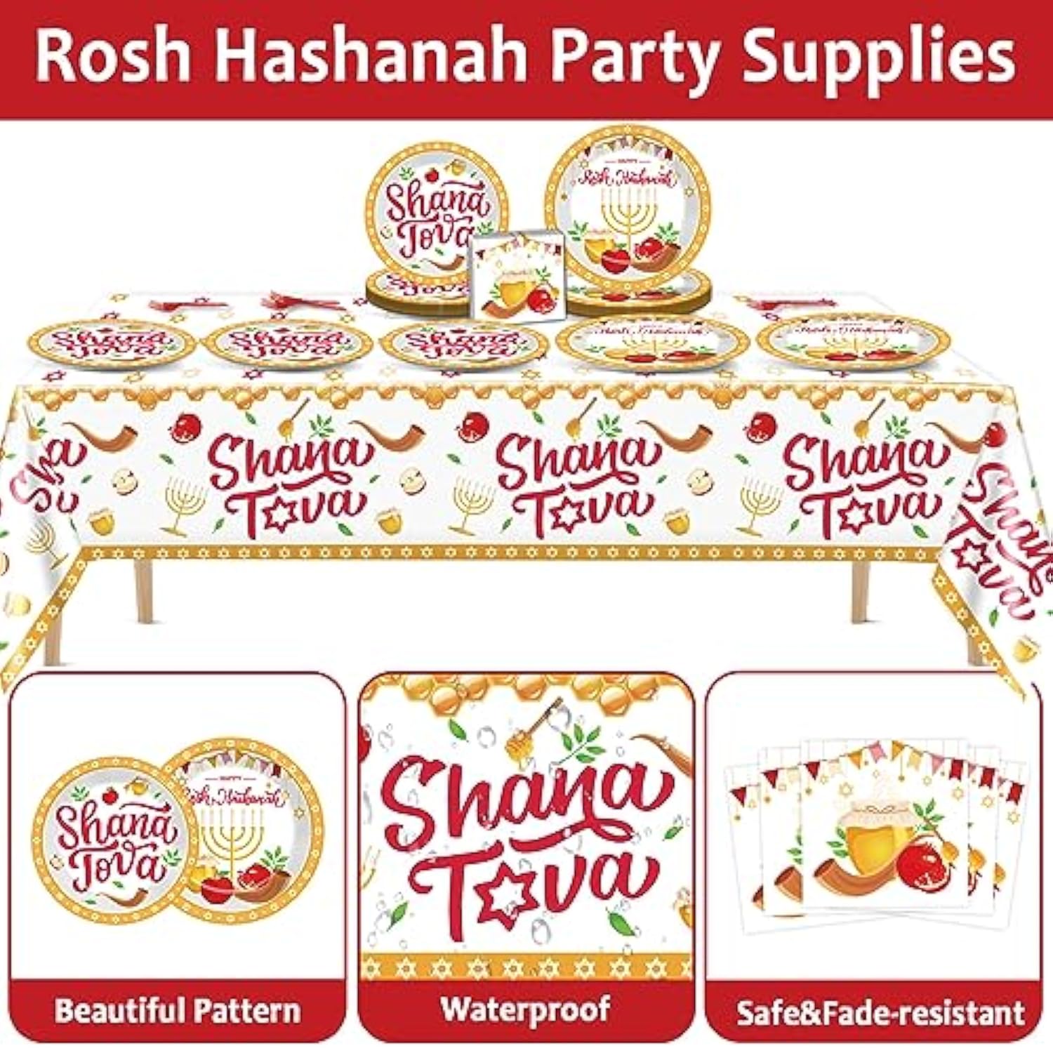 98pc Rosh Hashanah Party Supplies Plates Napkins Tablecloth for 24 Guests