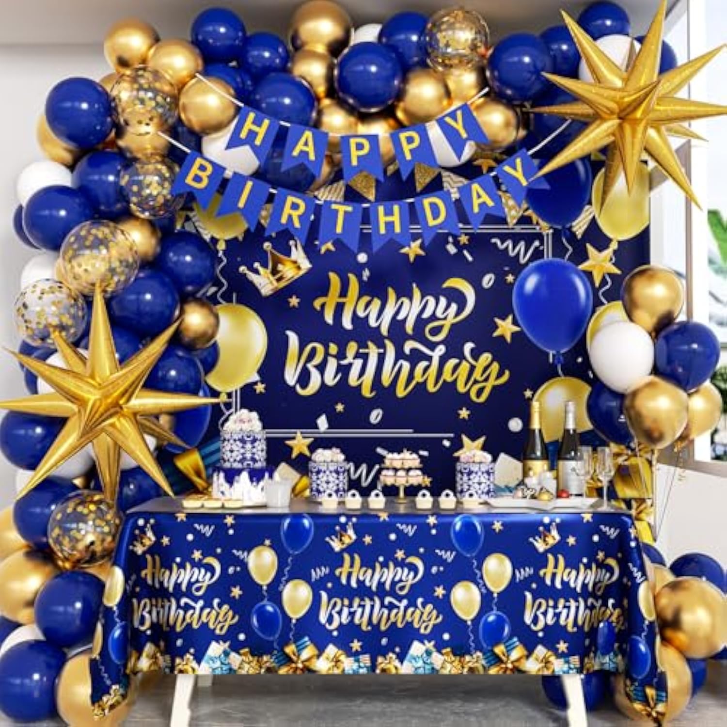 Blue And Gold Birthday Decorations, Blue Gold White Foil Balloons Happy Birthday Banner Blue Tablecloth Backdrop For Happy Birthday Decorations For Men