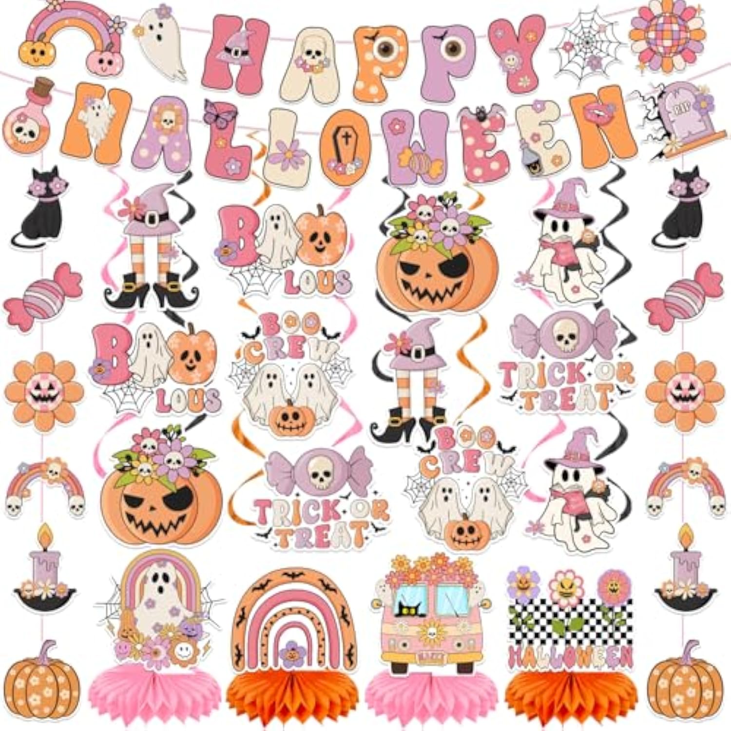 Retro Halloween Party Decorations with Happy Halloween Banner, Swirls & Pumpkin