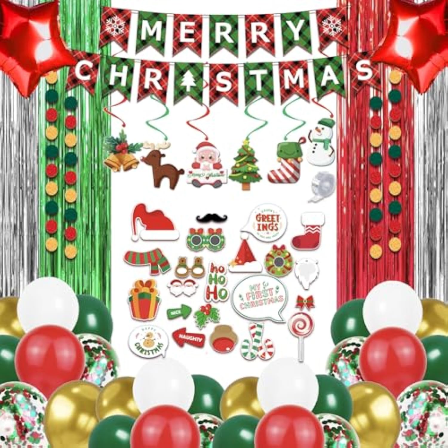 131 Pcs? Christmas Decorations Indoor, Christmas Party Supplies - "Merry Christmas" Banner, Photo Prop, Balloon Party Kit, Hanging Swirl, Fringe Curtain