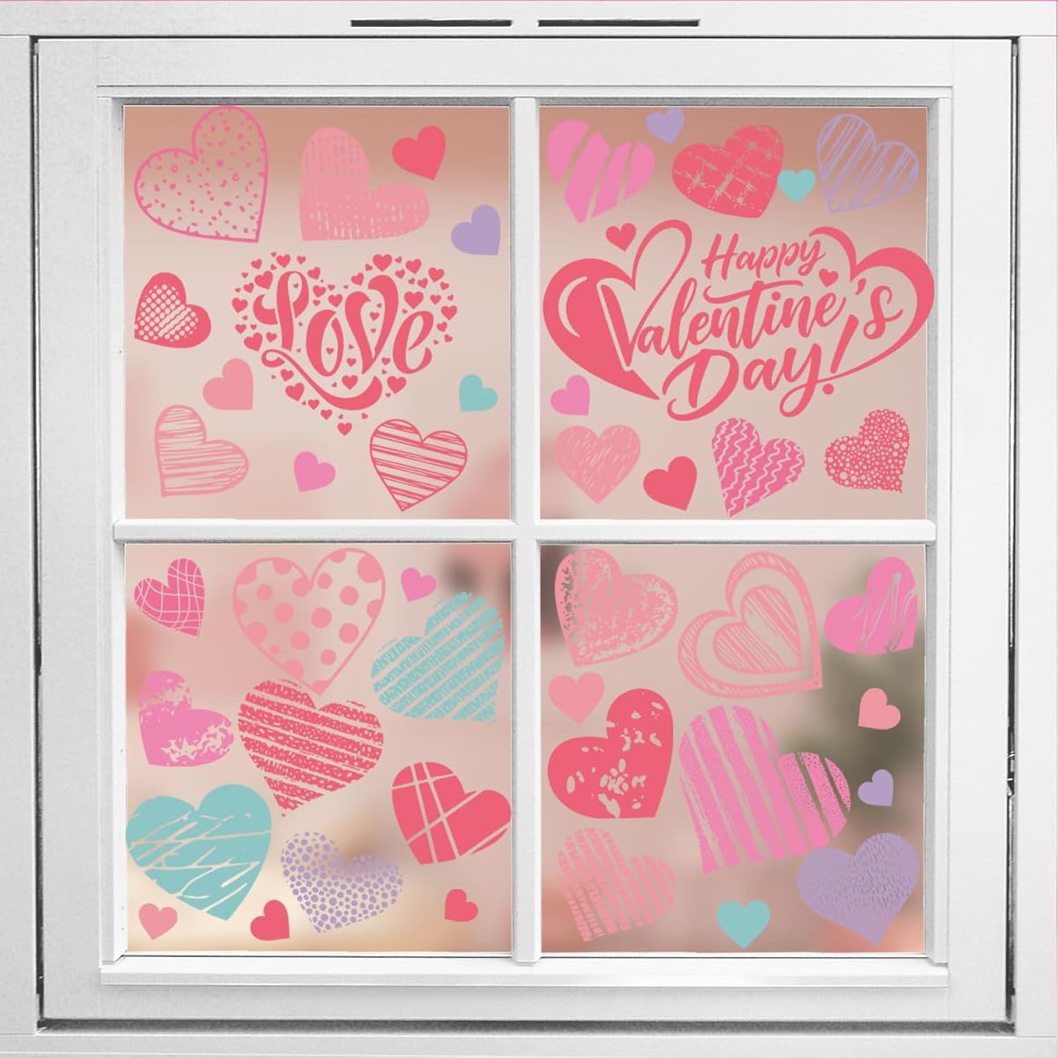 4 Sheet Valentines Window Cling Stickers Happy Valentines Day Double-Sided Heart Window Decals Red Pink White Love Heart Designs Electrostatic Glass Window Stickers Decor For Party Glass Supplies