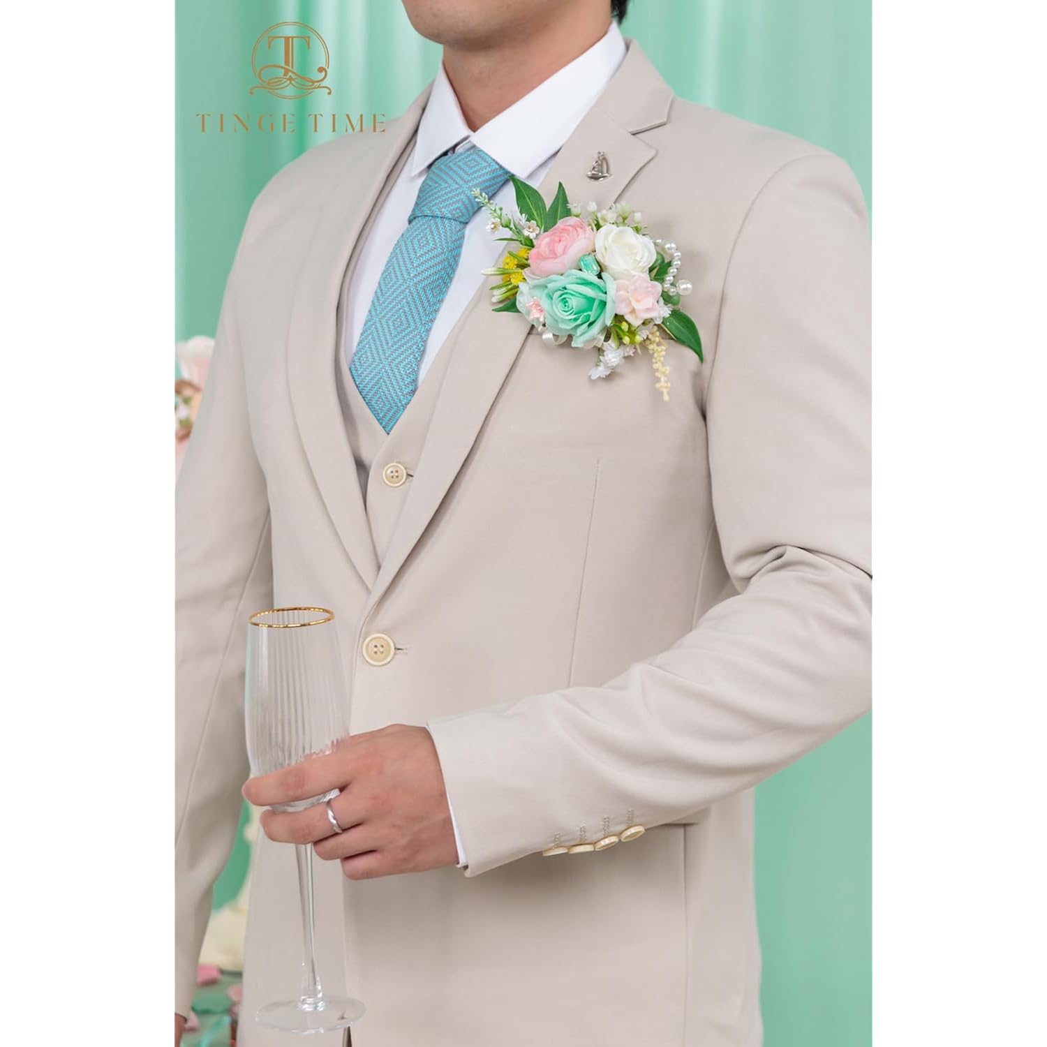 Luxury Groom Boutonniere For Wedding, 1 Pcs Pocket Boutonniere For Men, Artificial Corsage For Wedding, Prom, Homecoming, Anniversary, Graduation, Christmas Dinner (Mintgreen&Pink)