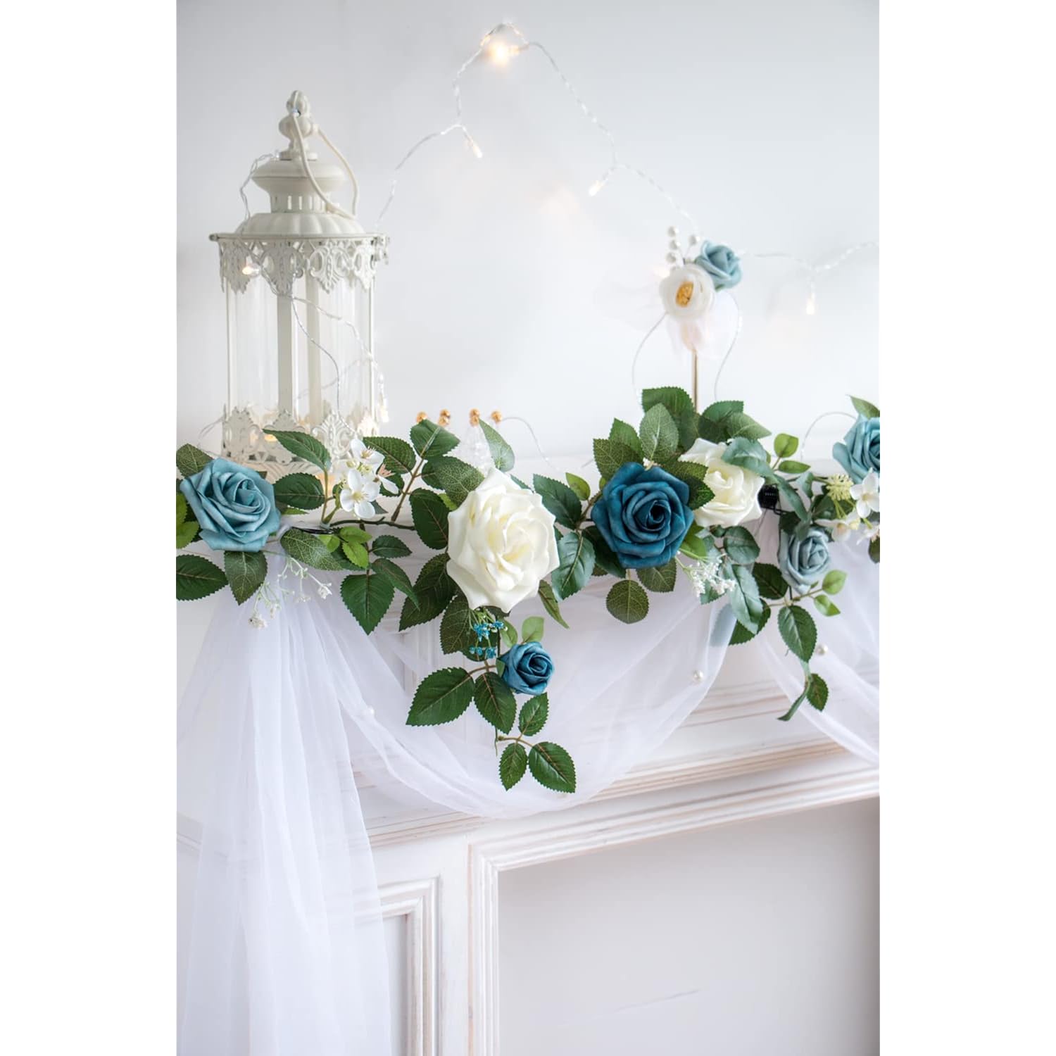 5Ft Handcrafted Artificial Rose Flower Garland, Dusty Blue Flowers Greenery Garland For Wedding Ceremony Garlands Backdrop Arch Flowers, Ceremony Reception Table Decorations