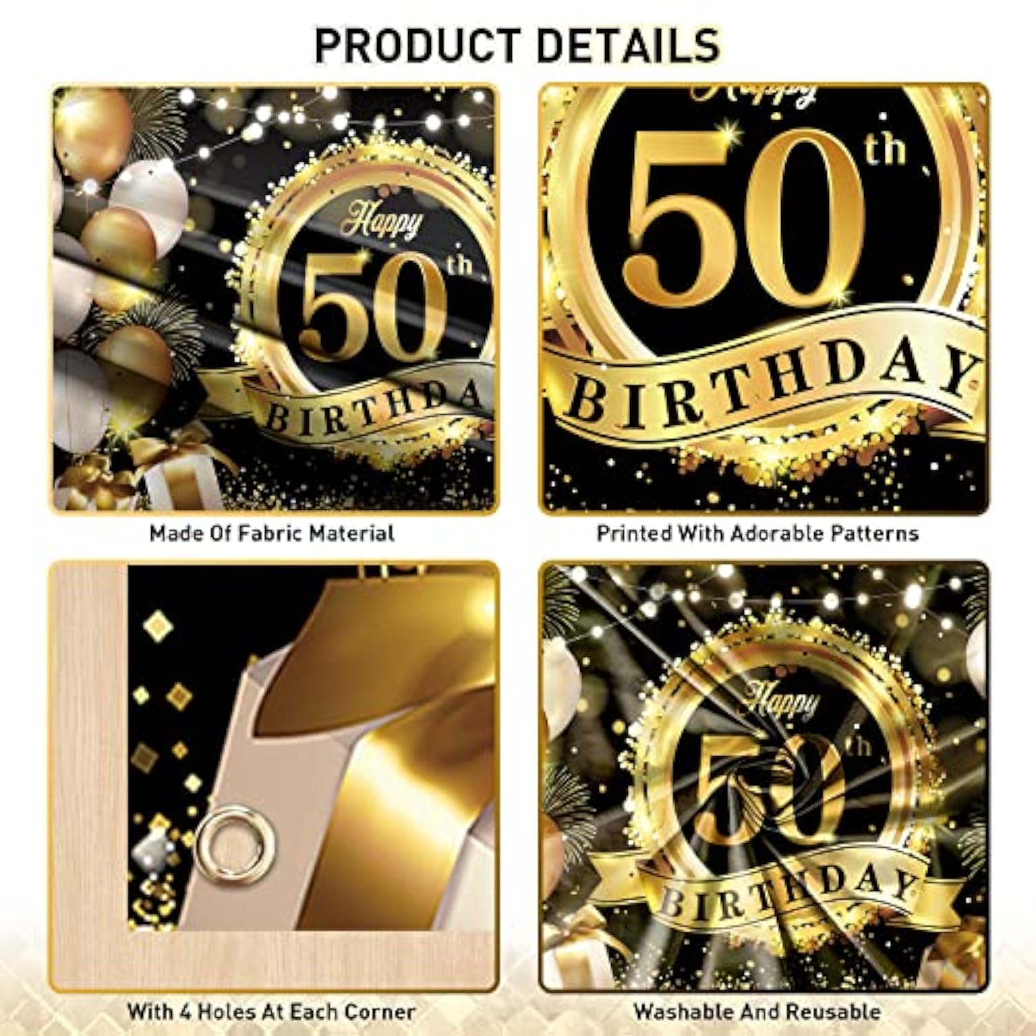 Happy 50th Birthday Backdrop - Black & Gold Extra Large Fabric Banner (72.8x43.3 Inch)