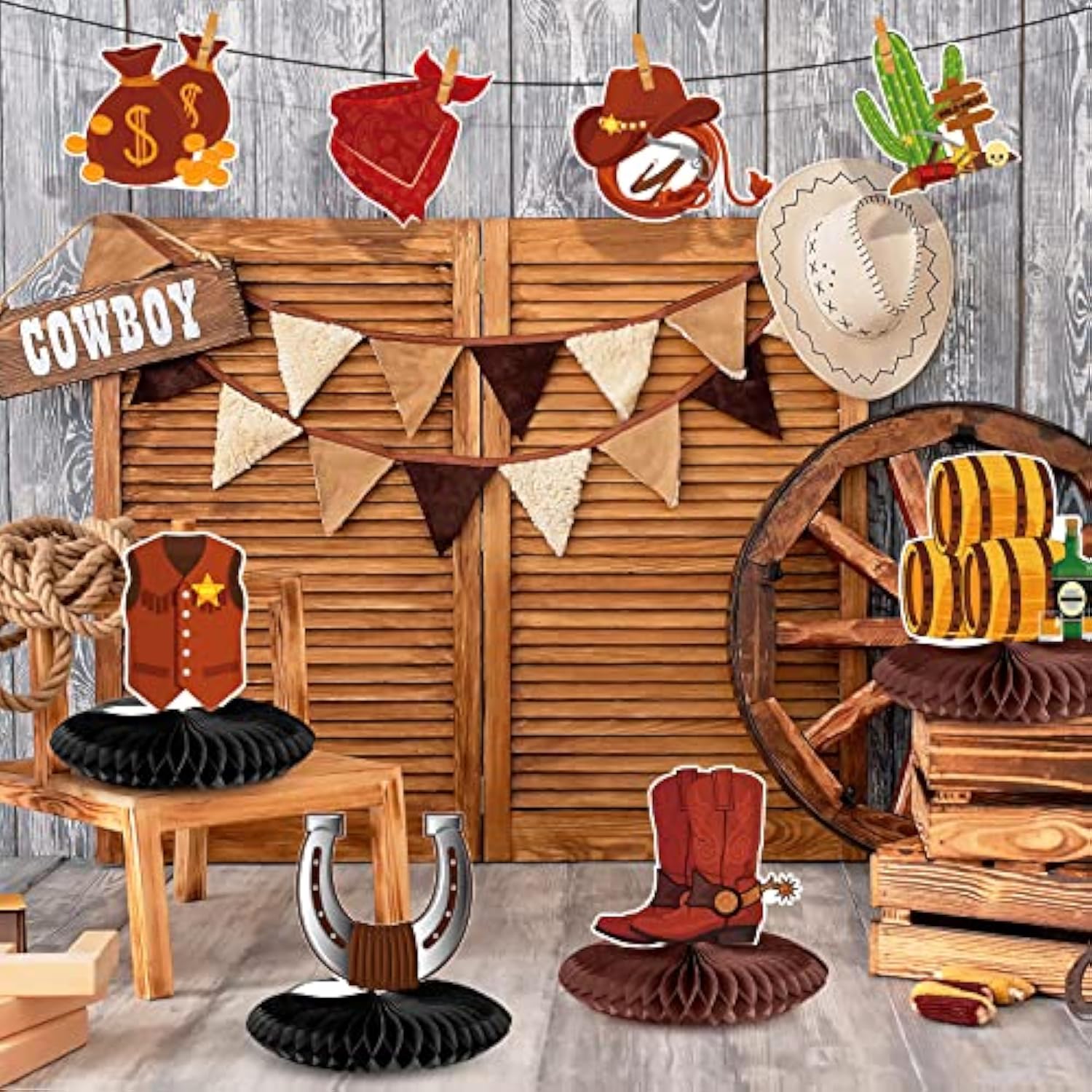 12 Pieces Cowboy Party Decorations Cowboy Honeycomb Centerpieces Weste