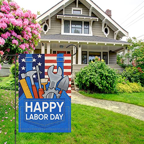 Happy Labor Day Garden Flag 12x18 Double Sided Vertical, Burlap Small USA Garden Yard House Flags Banner Outdoor Outside Labor Day Decoration (ONLY FLAG)