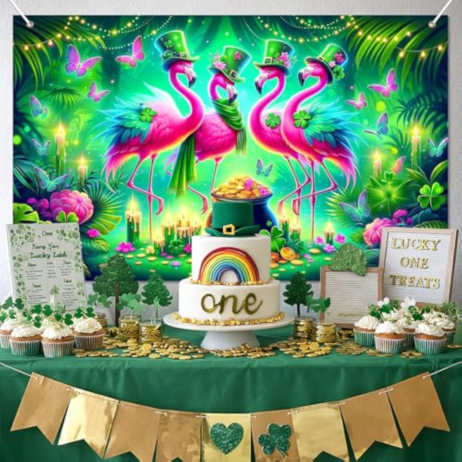 St. Patrick'S Day Banner 71X43 Inch Green Party Banner Backdrop With Pink Flamingos Clover Hats Gold Coins Butterflies And Jungle Style Scene For St. Patrick'S Decoration Photo Background