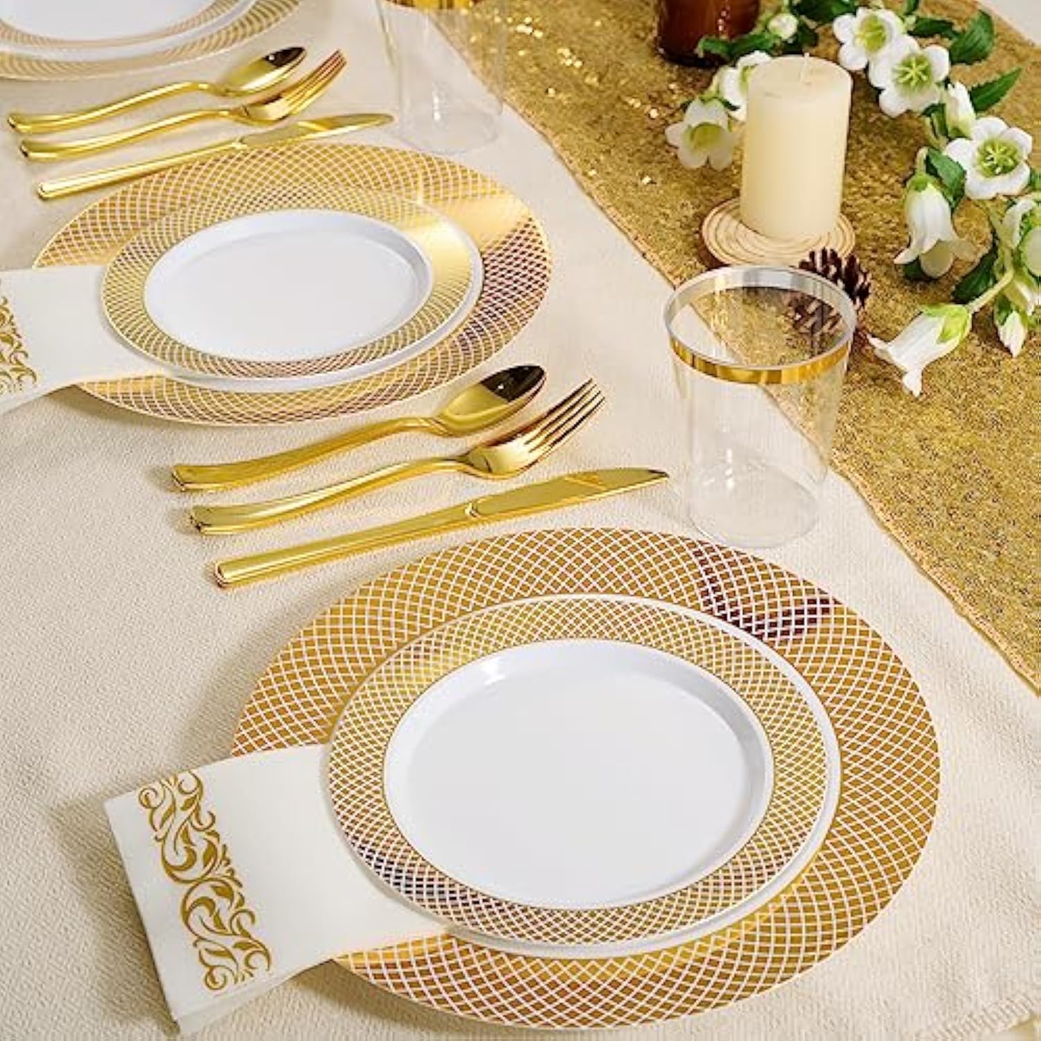 Gold Plastic Plates Set Of 102, Disposable Plates With Gold Grid Rim 51 Dinner Plates 10" And 51 Salad Dessert Appetizer Plates 7", Elegant Fancy Heavy Duty Wedding Party Plates